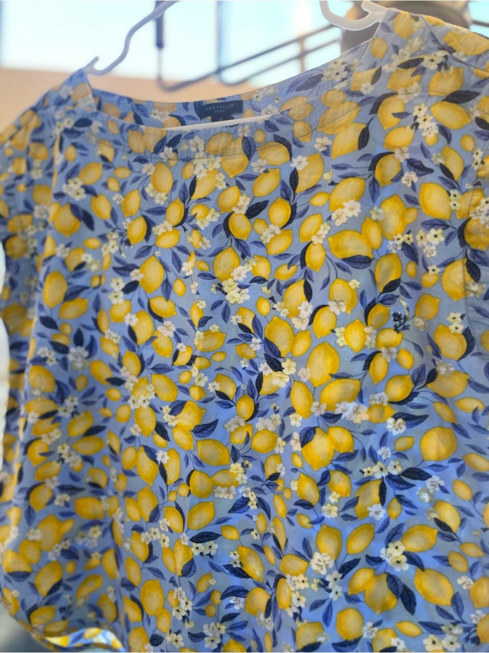 Ann Taylor Yellow & Blue Lemon Blossom Print Cap Sleeve Soft Linen Top